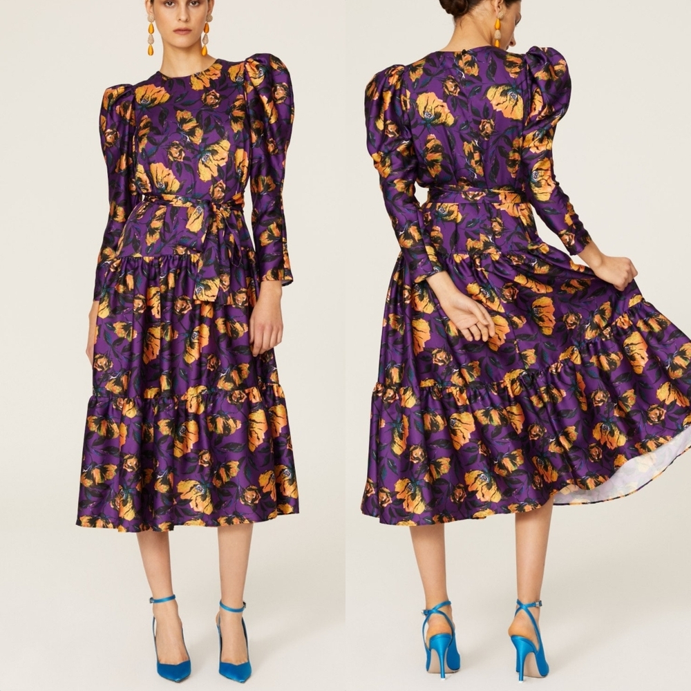Purple Floral Midi Dress with Yellow Accents - Picture 2 of 15